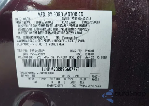 2009 Lincoln Mks z USA, uszkodzony, nr VIN 1LNHM93R89G607771